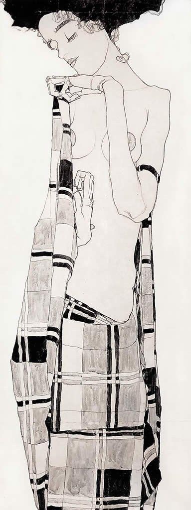 Egon Schiele Standing Girl in Plaid Dress